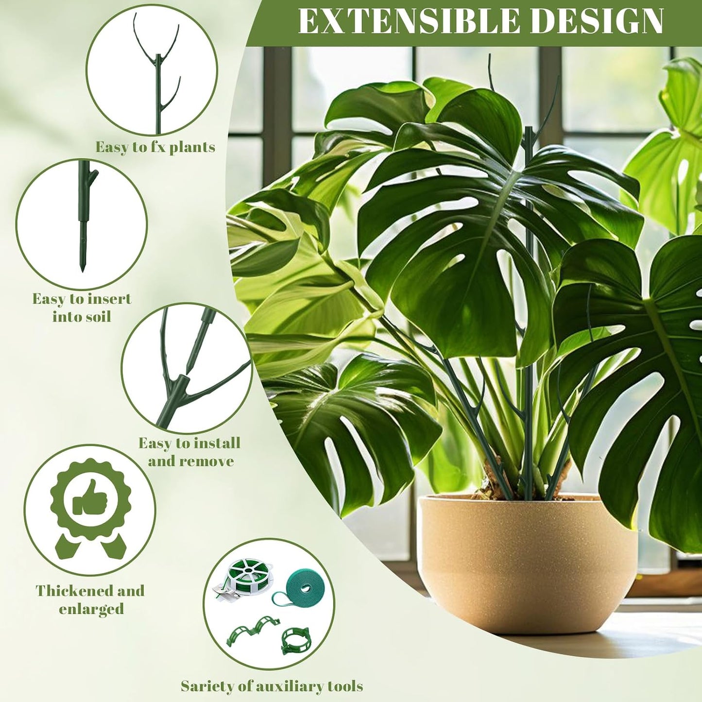 12 Pcs Stackable Plant Support Stakes with 1 Roll 2 M Stickers, 1 Roll 20 Cable Ties, 10 Clips, Stackable Plant Support Stakes for Indoor Outdoor Plants Potted Monstera Climbing Plants