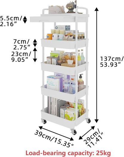 Calmootey 3-Tier Rolling Utility Cart with Drawer,Multifunctional Storage Organizer with Plastic Shelf & Metal Wheels,Storage Cart for Kitchen,Bathroom,Living Room,Office,White