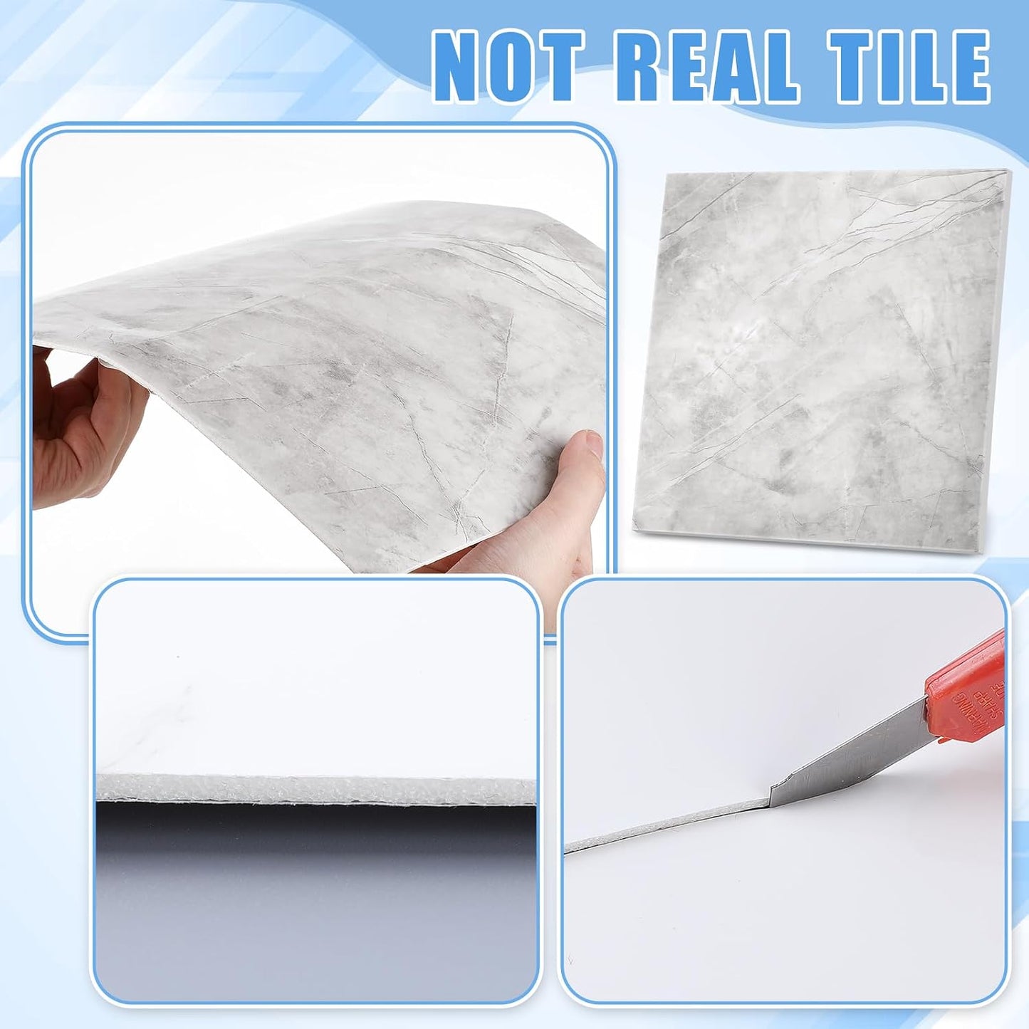Nuanchu 36 Pcs Peel and Stick Shower Waterproof Tiles Wall Panels 12 x 12 Inch Self Adhesive Backsplash with Ruler Knife & 2 Scrapers for Washroom Bathroom Living Room, Not Real Tile (Grey Marble)
