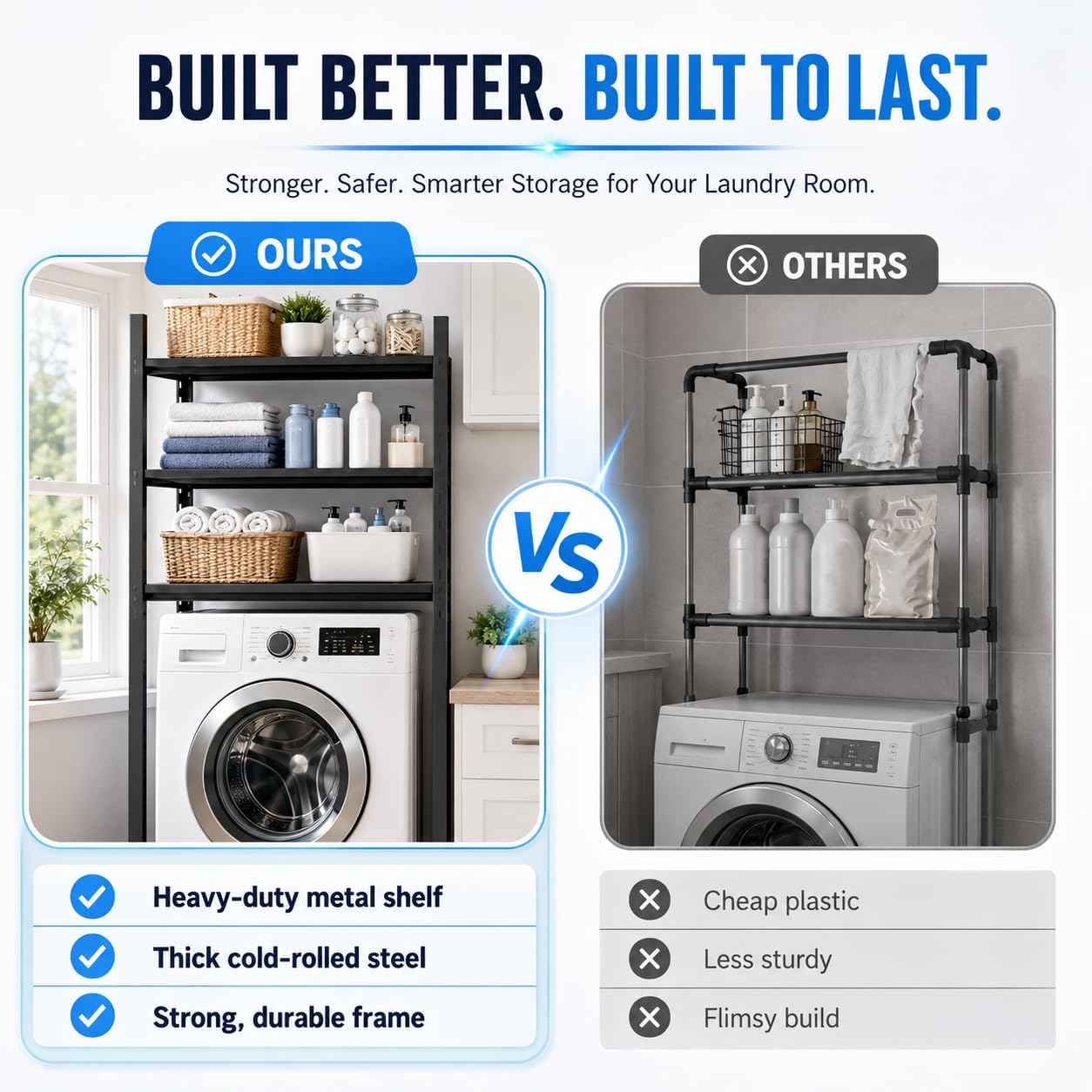 Over Washer and Dryer Shelves, Adjustable 2 Tier Metal Laundry Room Organizer and Storage Rack, Heavy Duty Utility Shelving Unit, 14"Wx 12"Dx 22"H Rust Resistant Steel Freestanding Shelf, Black