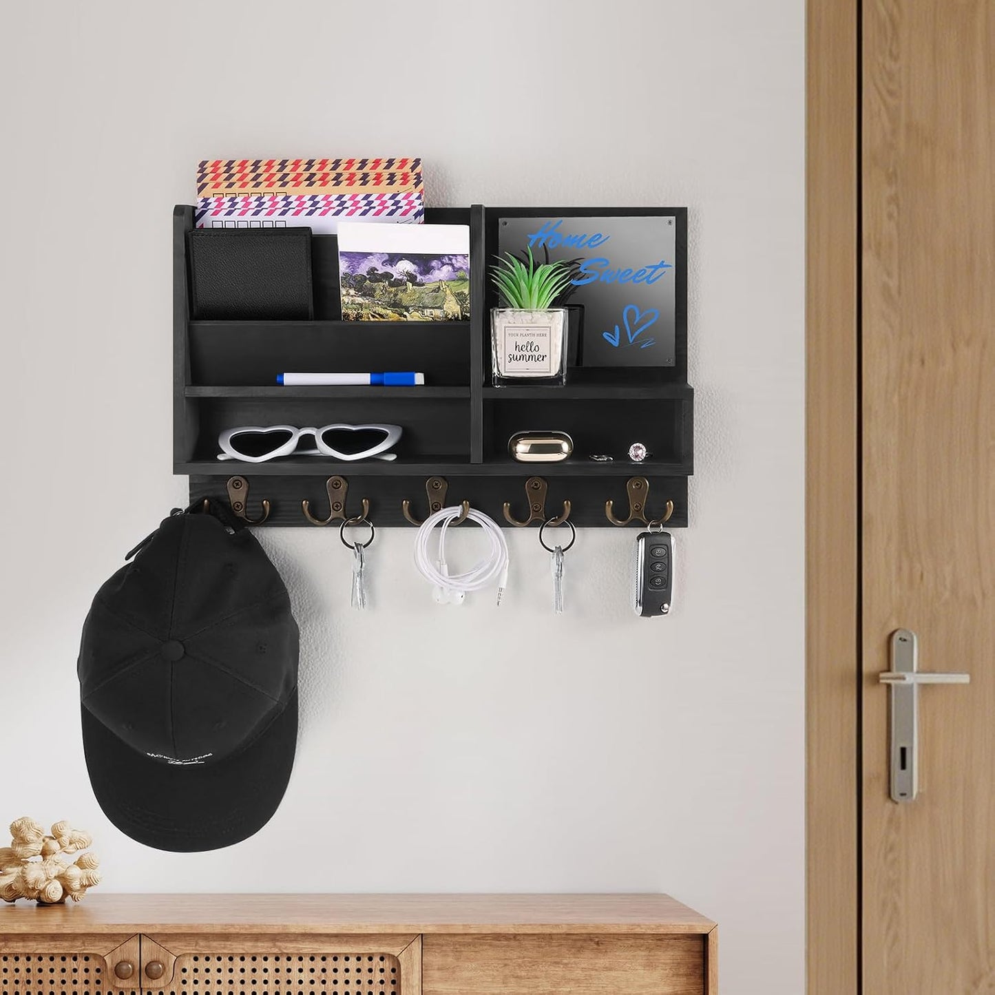 Key Holder Wall Mount, Mail Organizer Wall Mounted, Solid Wood Key Holder for Wall Living Room Entryway Home Decor, with 10 Key Hooks, Shelf, Marker Pen, 15.7" x 10.2" x 2.8"