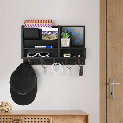 Key Holder Wall Mount, Mail Organizer Wall Mounted, Solid Wood Key Holder for Wall Living Room Entryway Home Decor, with 10 Key Hooks, Shelf, Marker Pen, 15.7" x 10.2" x 2.8"