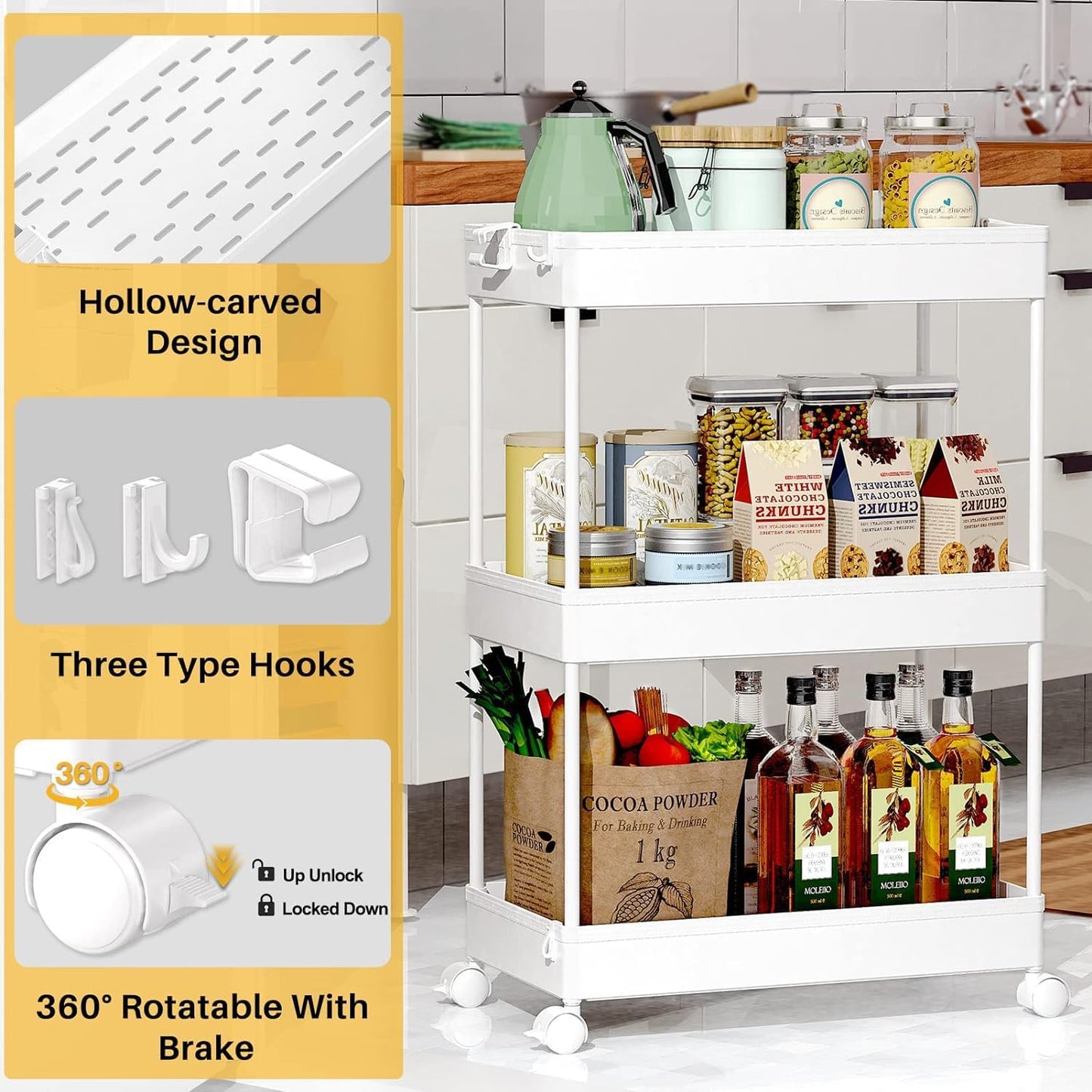 SPACEKEEPER 5-Tier Rolling Cart, Bathroom Storage Organizer Utility Cart, Mobile Shelving Unit Slide Out Shelves for Kitchen Living Room Laundry Room & Dressers, Black