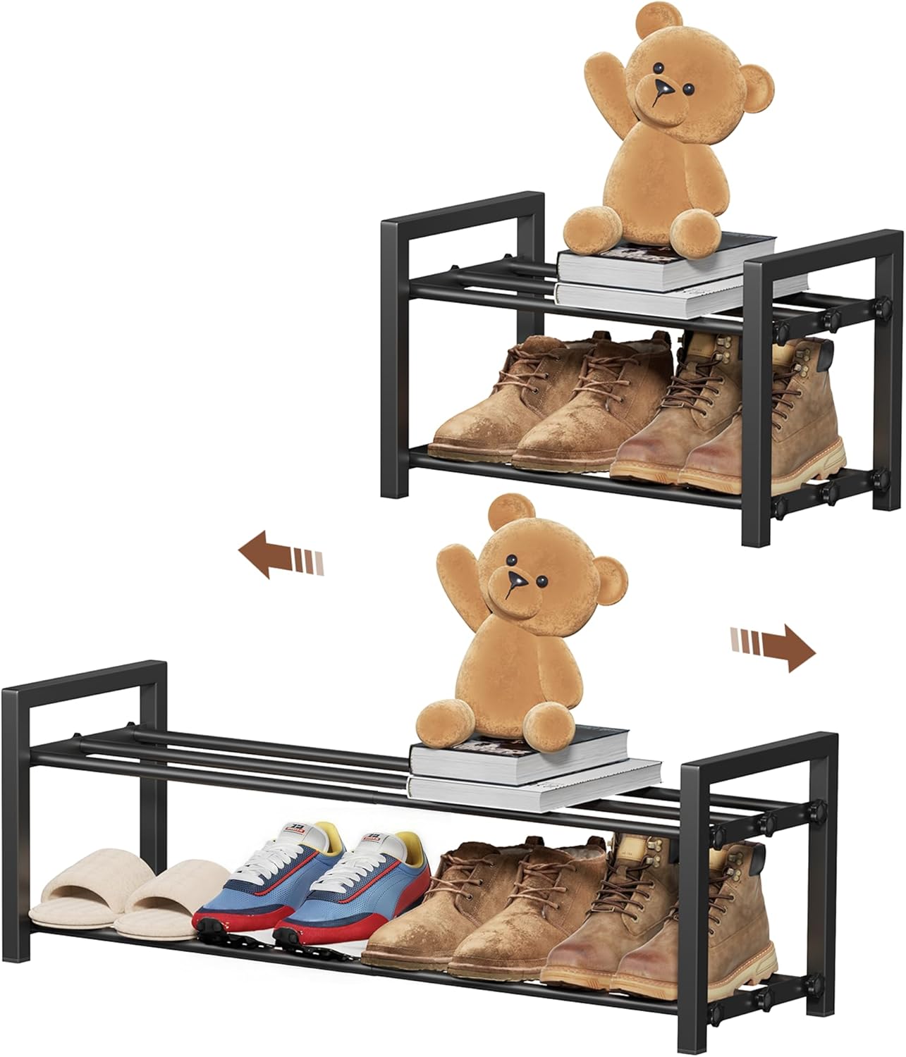 2 Tier Shoe Rack - Expandable Shoe Organizer for Closet, Adjustable Metal Shoe Shelf Storage, Stackable Long Shoe Stand Holder for Garage, Entryway, Door Entrance