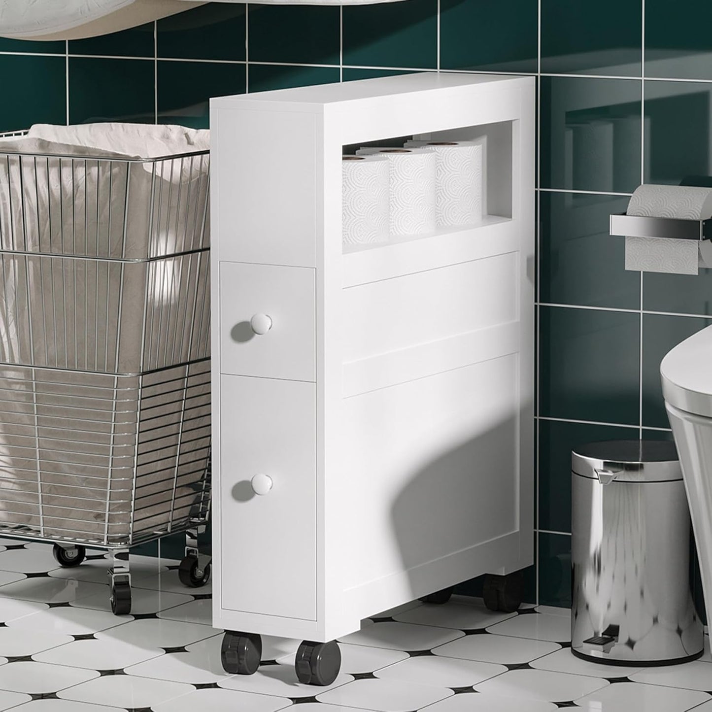 HOMCOM 6.25" x 20.5" x 28.25" Wood Rolling Narrow Bathroom Side Storage Cabinet - Gray