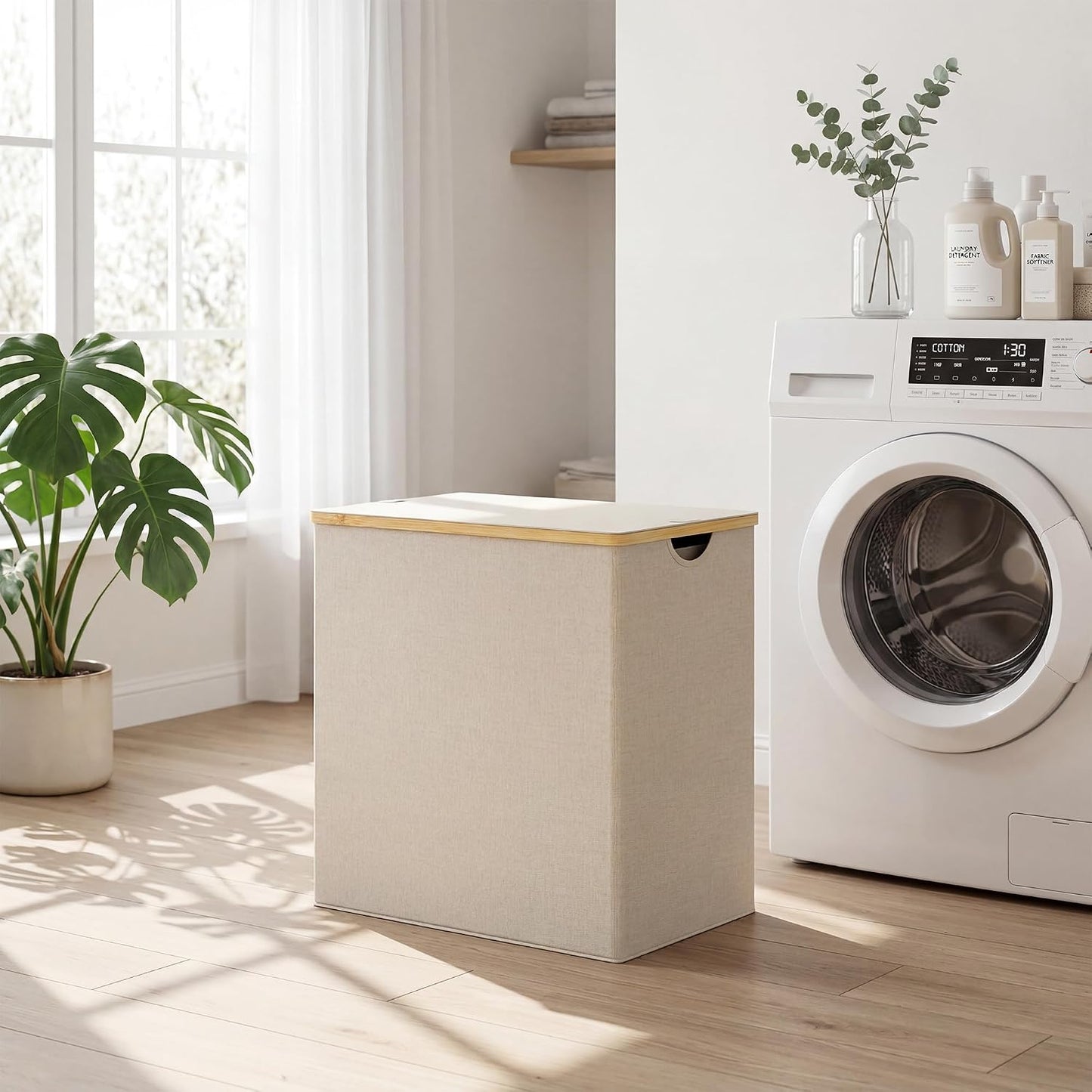 efluky Laundry Hamper with Lid, Trio Laundry Basket with 2 Removable Bags, 3 Section Laundry Bin with Bamboo Handles for Bathroom, Bedroom & Laundry Room, 160L (42.3 Gallon) Beige