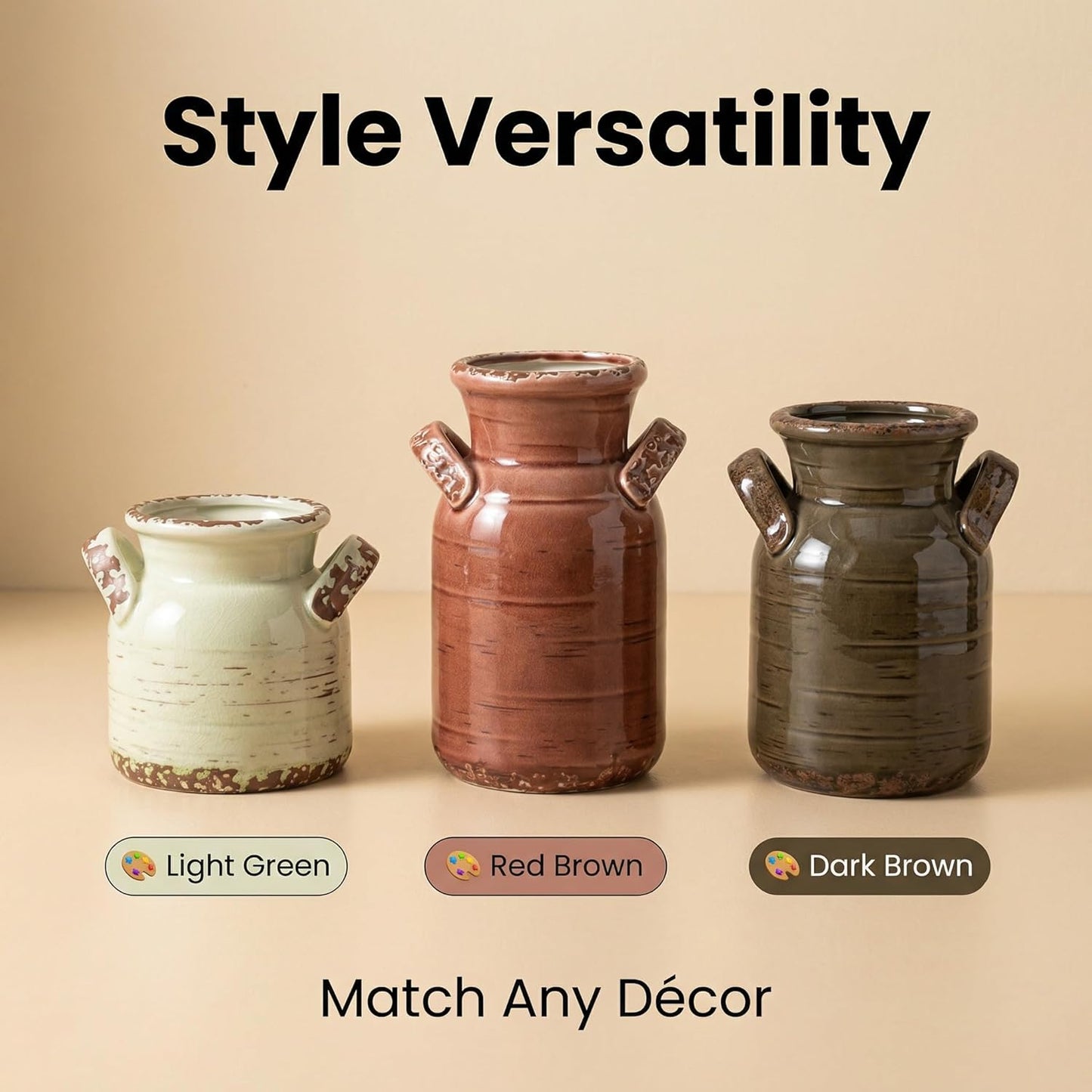 Ceramic Vase Set of 3 with Handles, Green White Neutral Rustic Modern Farmhouse Boho Decor, Versatile as Table Centerpiece or Mantel & Shelf Accent - Unique Home Gift Idea