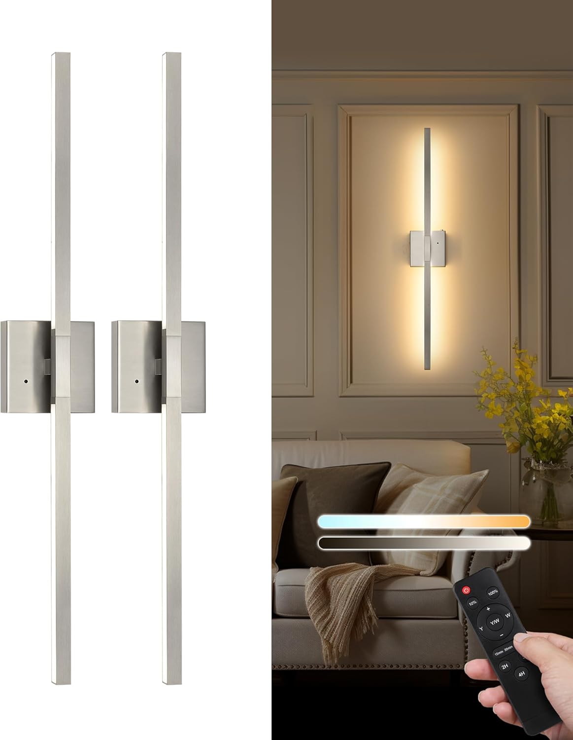 8000mAh Battery Operated Wall Sconce with Remote Control, 3000K-6000K Dimmable Black Wireless Rechargeable Wall Sconces Set of Two with Timer Function for Living Room, Bedroom, Stairwell, TV 24 Inch