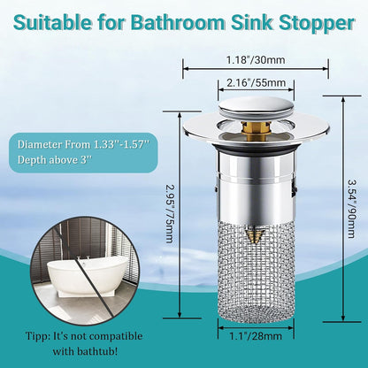 Bathroom Sink Drain Strainer, Pop-Up Sink Stopper Hair Catcher, Anti-Clog with Removable Stainless Steel Filter Basket, Universal for US Standard Drain Stopper Replacement (Silver, 2pcs)