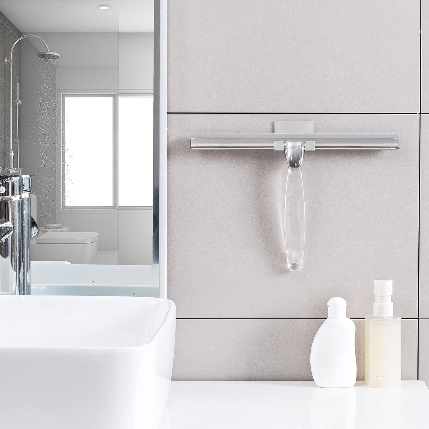 Ettori Shower Squeegee Clear Glass Wall Cleaner Stainless Steel with Suction Storage Hook -10'', Chrome