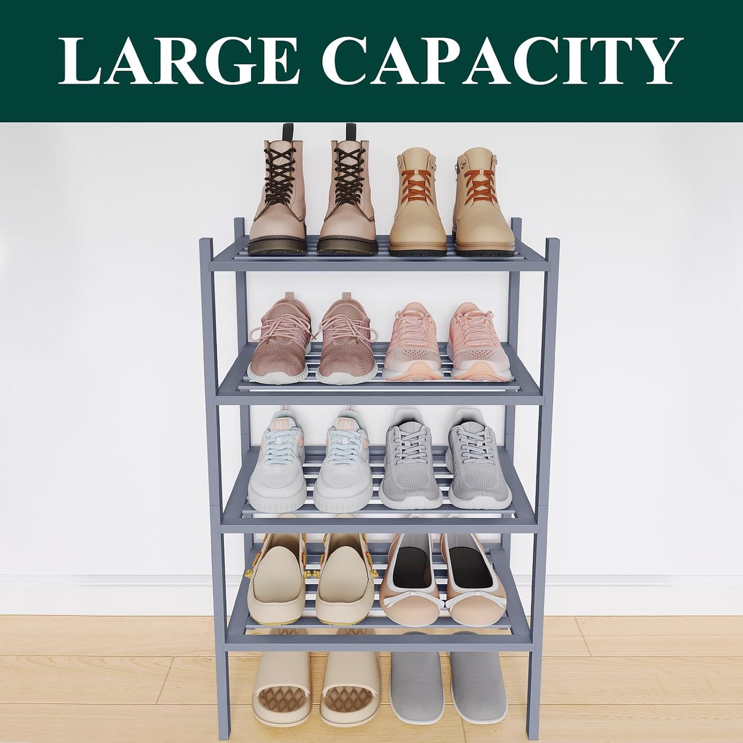 Smiry Bamboo Shoe Rack, 3 Tier Free Standing Wooden Shoe Organizer, Stackable Wood Shoe Storage Shelf for Closet, Entryway, 5 Horizontal Slats, 26.8"x11"x18.3", Natural