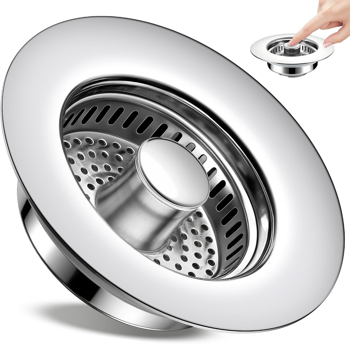 Sink Drain Strainer 3 in 1, 304 Stainless Steel Pop Up Kitchen Sink Stopper with Anti-Clogging Basket, Kitchen Essential Drain Anti-Clog Gadgets, Fits US Standard 3-1/2'' Sink Drain (SUS 304 Brushed)
