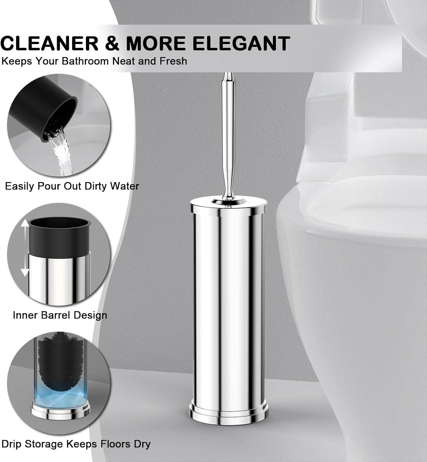 Stainless Steel Toilet Brush and Holder Set : Weighted Stable Base, Removable Inner Tube.Long Handle Toilet Bowl Brush Splash-Proof Design for Deep Cleaning & Space-Saving Storage,Nickel