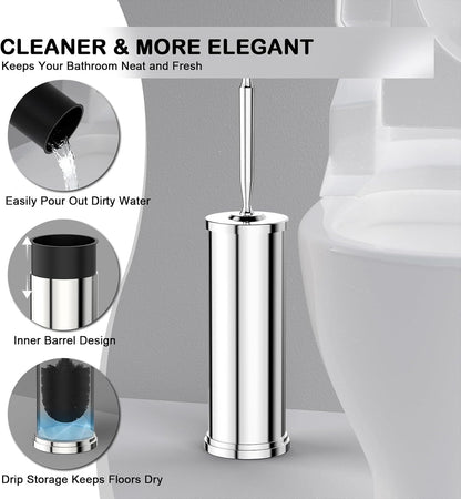 Stainless Steel Toilet Brush and Holder Set : Weighted Stable Base, Removable Inner Tube.Long Handle Toilet Bowl Brush Splash-Proof Design for Deep Cleaning & Space-Saving Storage,Nickel