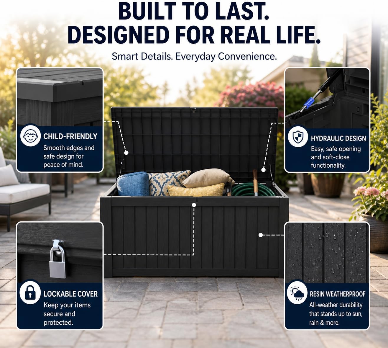 LAUSAINT HOME 320 Gallon Resin Deck Box, Package Delivery Box with Lockable Lid, Waterproof Outdoor Storage Box For Garden Tools, Patio Cushions(320 Gallon,Black)