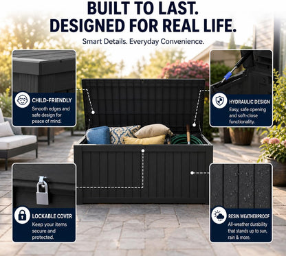 LAUSAINT HOME 320 Gallon Resin Deck Box, Package Delivery Box with Lockable Lid, Waterproof Outdoor Storage Box For Garden Tools, Patio Cushions(320 Gallon,Black)