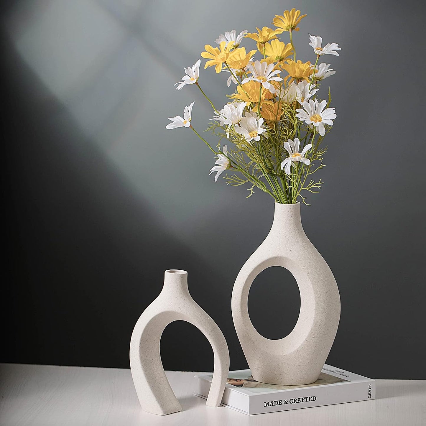 Levvohd Hollow Ceramic Vase Set of 2, Modern Nordic Minimalist Book Style Boho Aesthetic Vases for Home Decor Living Room Shelf Entryway Coffee Centerpiece Table Decorative (Cream White)