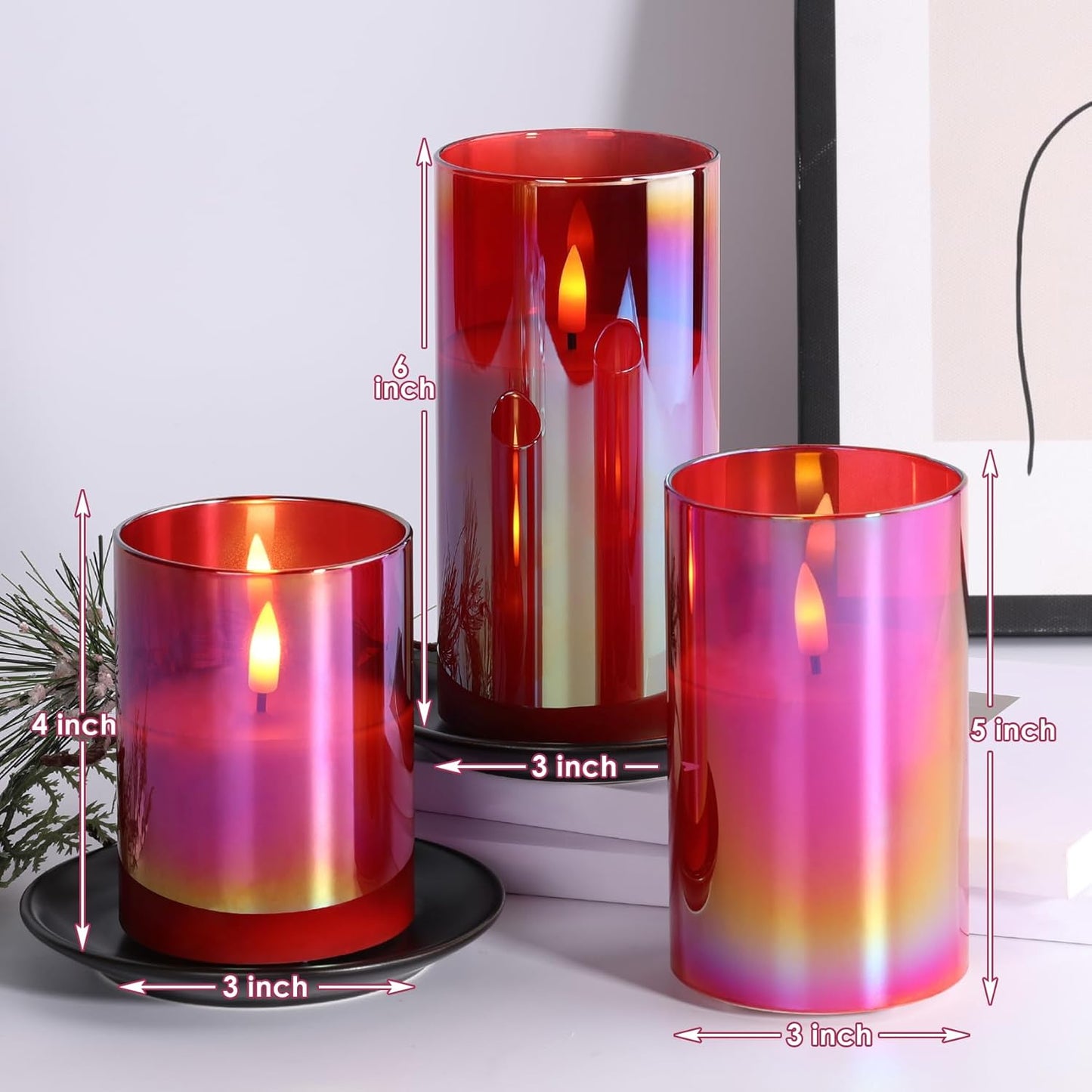 Eywamage Gold Glass Flameless Pillar Candles with Remote, Flickering Christmas LED Candles Battery Operated Set of 3