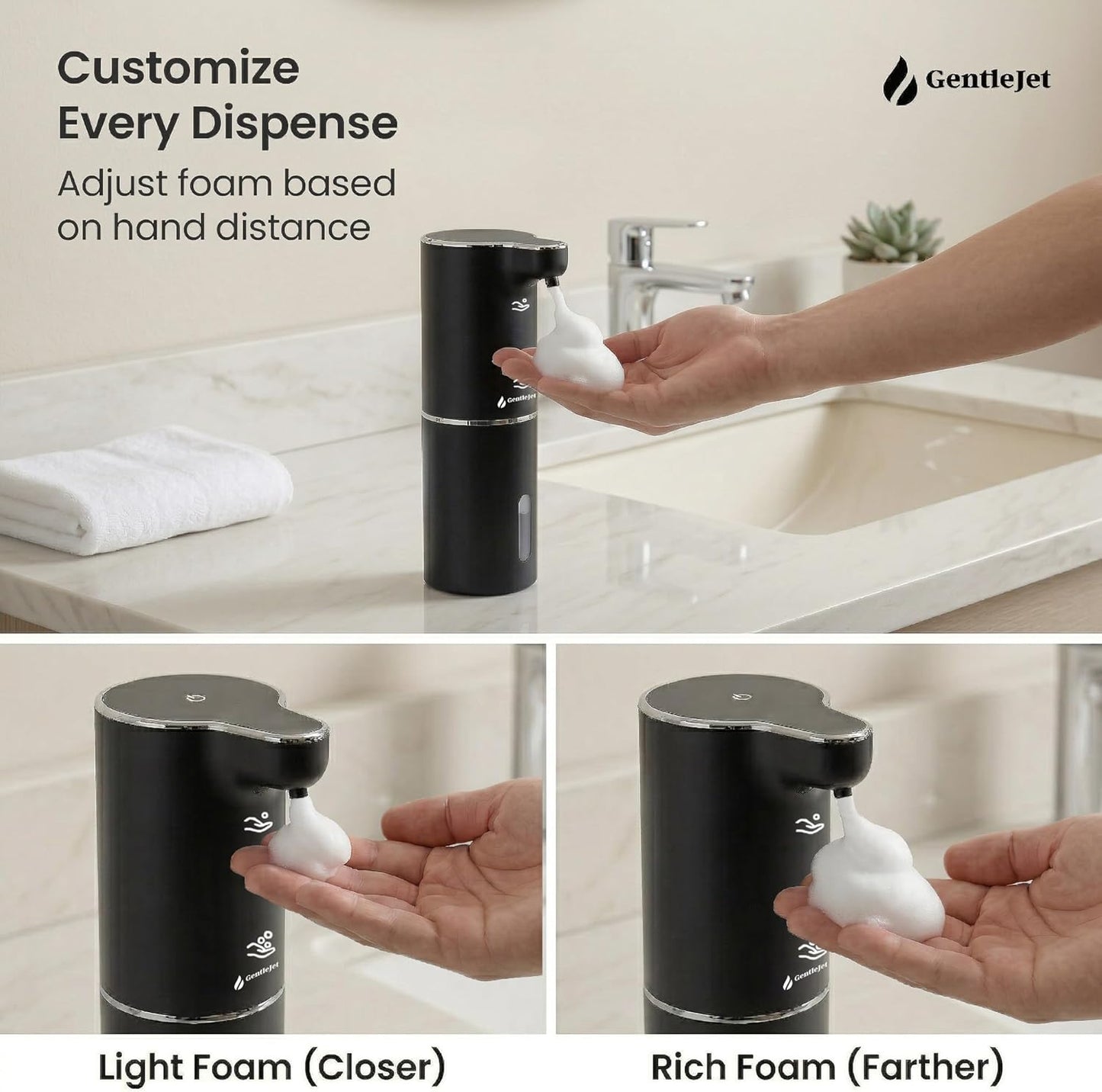 GentleJet JetFoam Automatic Foam Soap Dispenser – Touchless Sensor, USB-C Rechargeable, Adjustable Output, IPX5 Waterproof, 300 ml, Bathroom & Kitchen Countertop