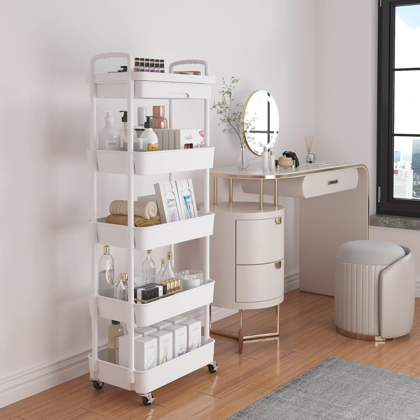 Calmootey 3-Tier Rolling Utility Cart with Drawer,Multifunctional Storage Organizer with Plastic Shelf & Metal Wheels,Storage Cart for Kitchen,Bathroom,Living Room,Office,White