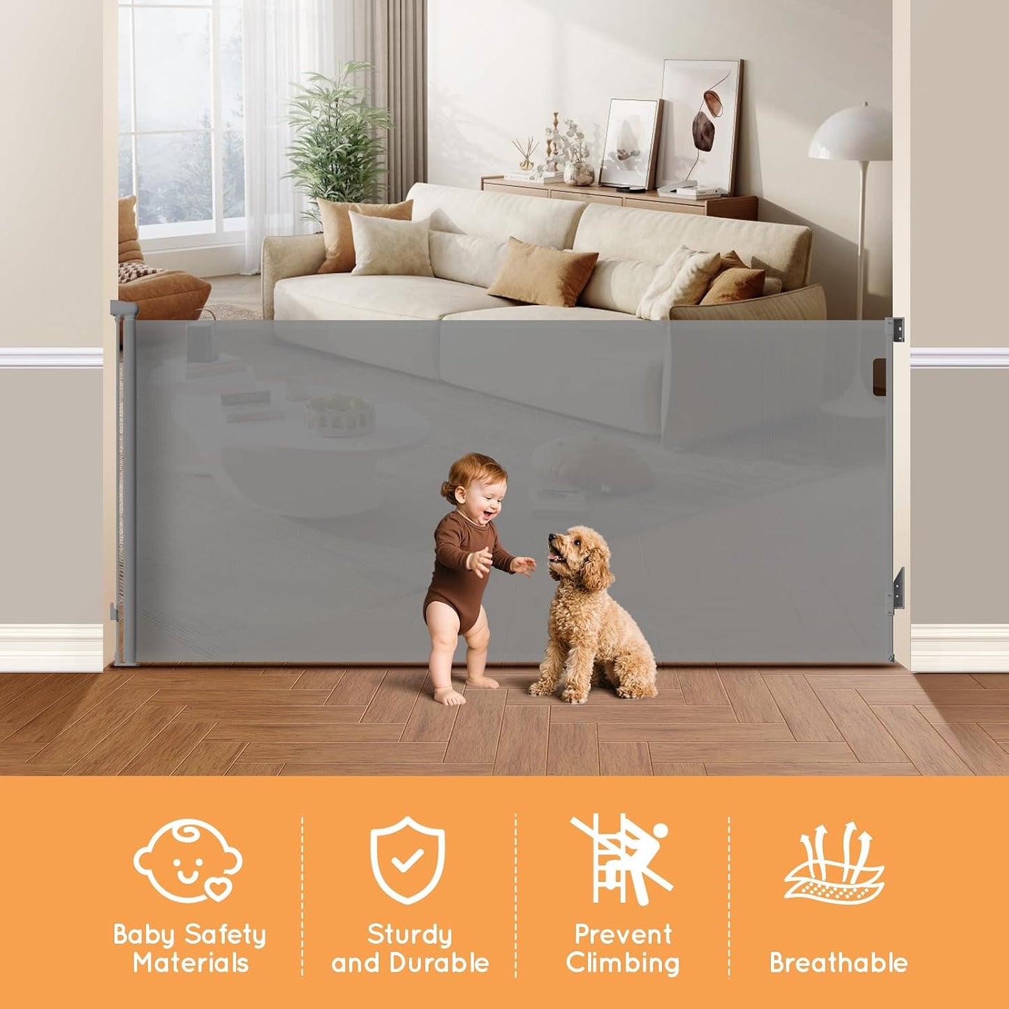 Retractable Baby Gate, 38" Extra Tall Mesh Dog Gate with Auto-Tension Design, 71" Wide One-Hand Operation Doorway Gates for Pets & Babies, No Bottom Rail Safety Gate for Hallways, Black