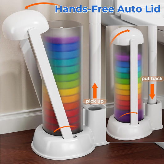 Disposable Toilet Brush and Holder Set - Hands-Free Eject Sponge Toilet Wand with Floor Standing Caddy, Secure-Lock Hangable Toilet Scrubber