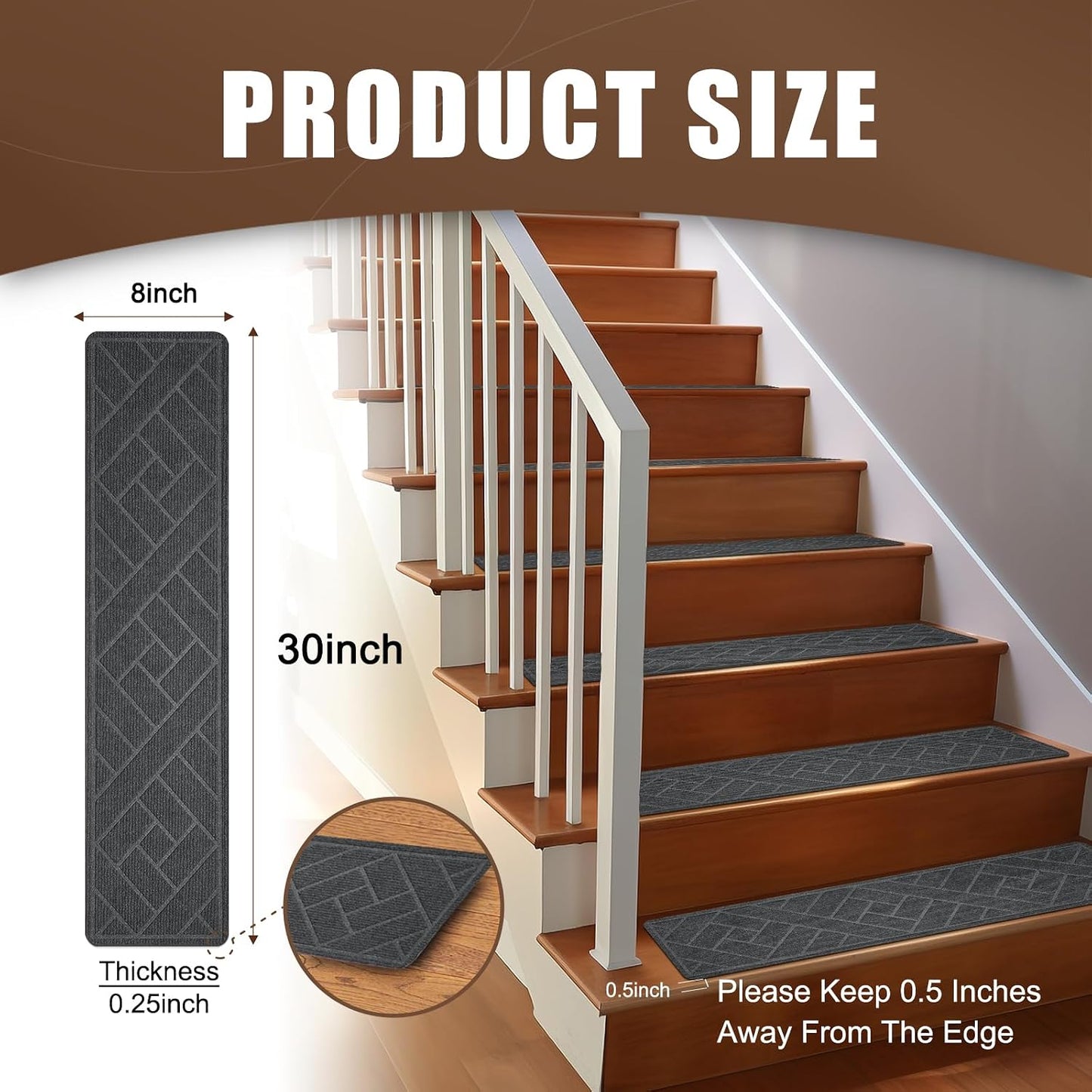 15 Pack 8 "X 30" Non-Slip Carpet Stair Treads for Indoor Wooden Steps, Made of Polyester and Reusable Adhesive, Suitable for Kids Elders and Pets（Black Lines）