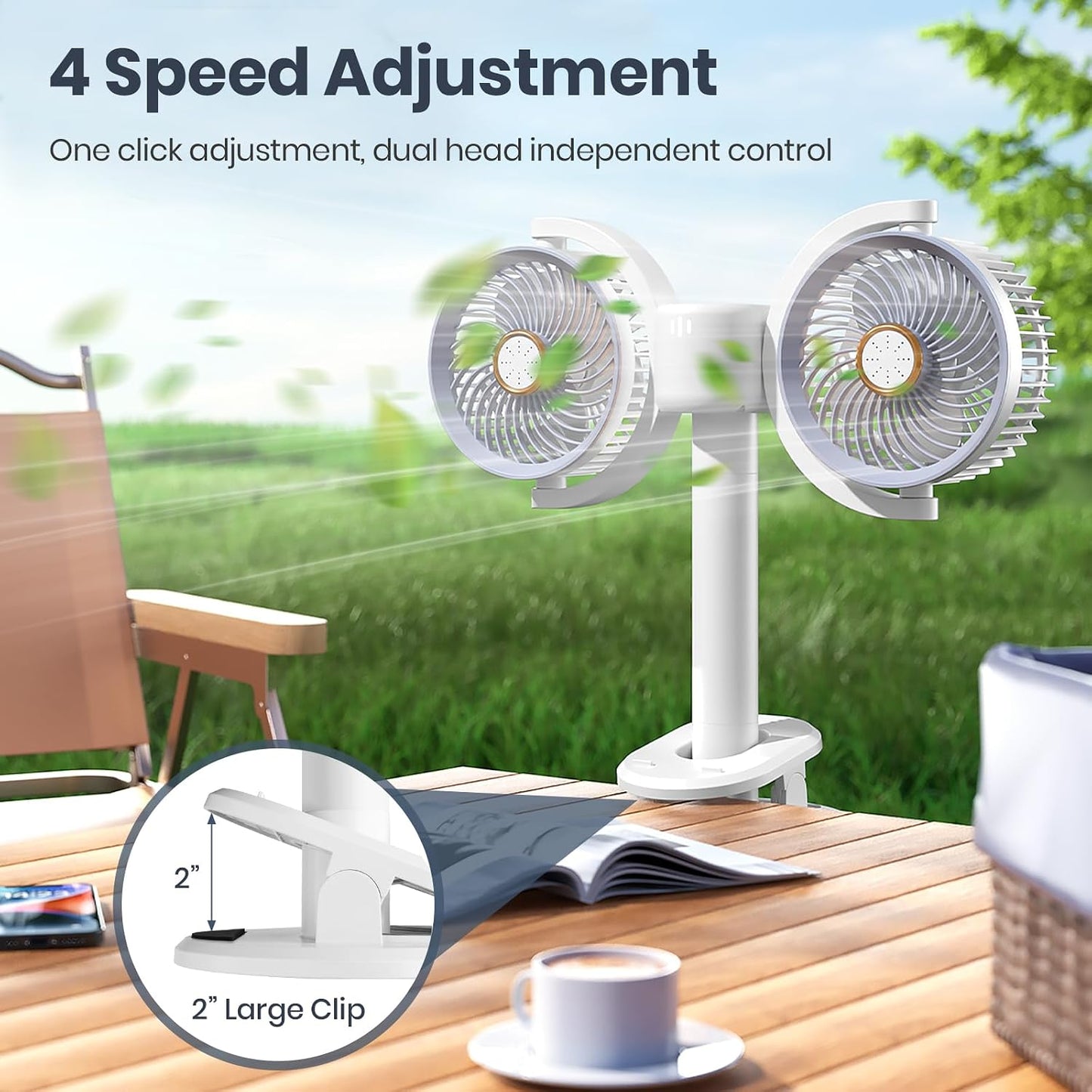 Clip on Fan Dual Head Rechargeable,Portable Desk Fan with LED Lights,Wall Mounted Ultra Silent 360° Rotatable Removable for Car, Table,Bedroom,Office,Camping,Stroller,Treadmill,Travel Outdoor