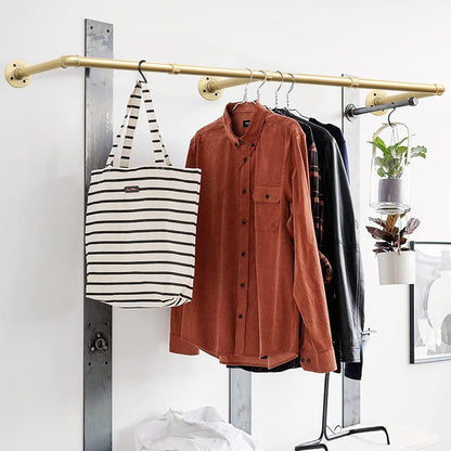 Gold Wall Mount Iaundry Drying Rack - 54" Pipe Garment Rack, Portable Heavy Duty Iron Closet Hanger Rod, Modern Metal Detachable DIY Hanging Bar for Laundry Room and Closet Storage