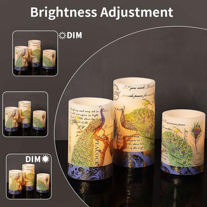 Glass Flameless Candles Flickering Battery Operated LED Pillar Candles Set of 3 with Timer and and 10-Key Remote Green Branch Floral Spring Summer Theme for Wedding Festival Home Decoration