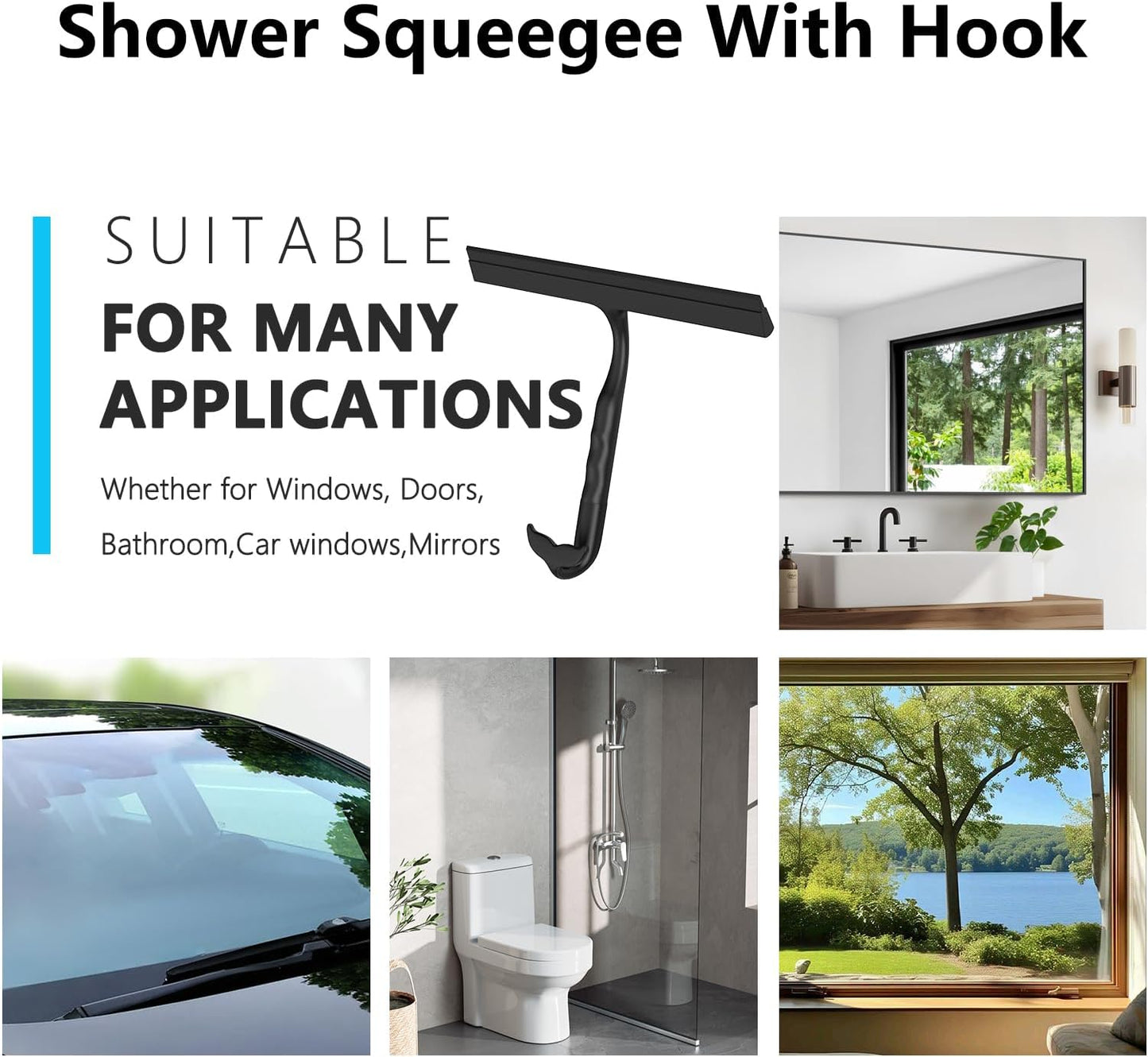 Shower Squeegee for Glass Doors,2-in-1 Silicone Shower Squeegee with Hook,Hang Anywhere | Streak-Free Bathroom Squeegee | Household Window Mirror Squeegee for Bathroom,Glass,Tile Wall,Car | Black