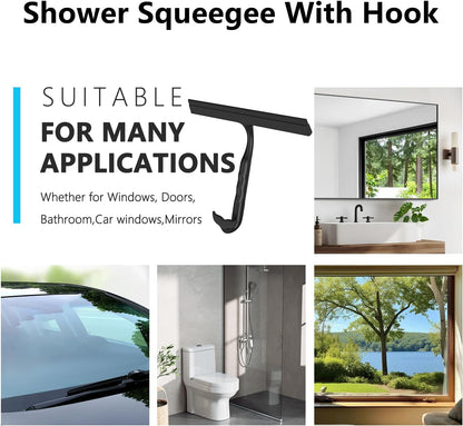 Shower Squeegee for Glass Doors,2-in-1 Silicone Shower Squeegee with Hook,Hang Anywhere | Streak-Free Bathroom Squeegee | Household Window Mirror Squeegee for Bathroom,Glass,Tile Wall,Car | Black