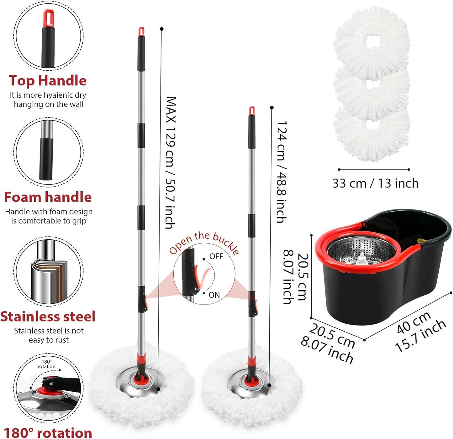 Spin Mop and Bucket with Wringer Set, 360° Spinning Mop Bucket System with 3 Microfiber Mop Replacement Heads and 50" Stainless Steel Adjustable Handle for Floor Cleaning