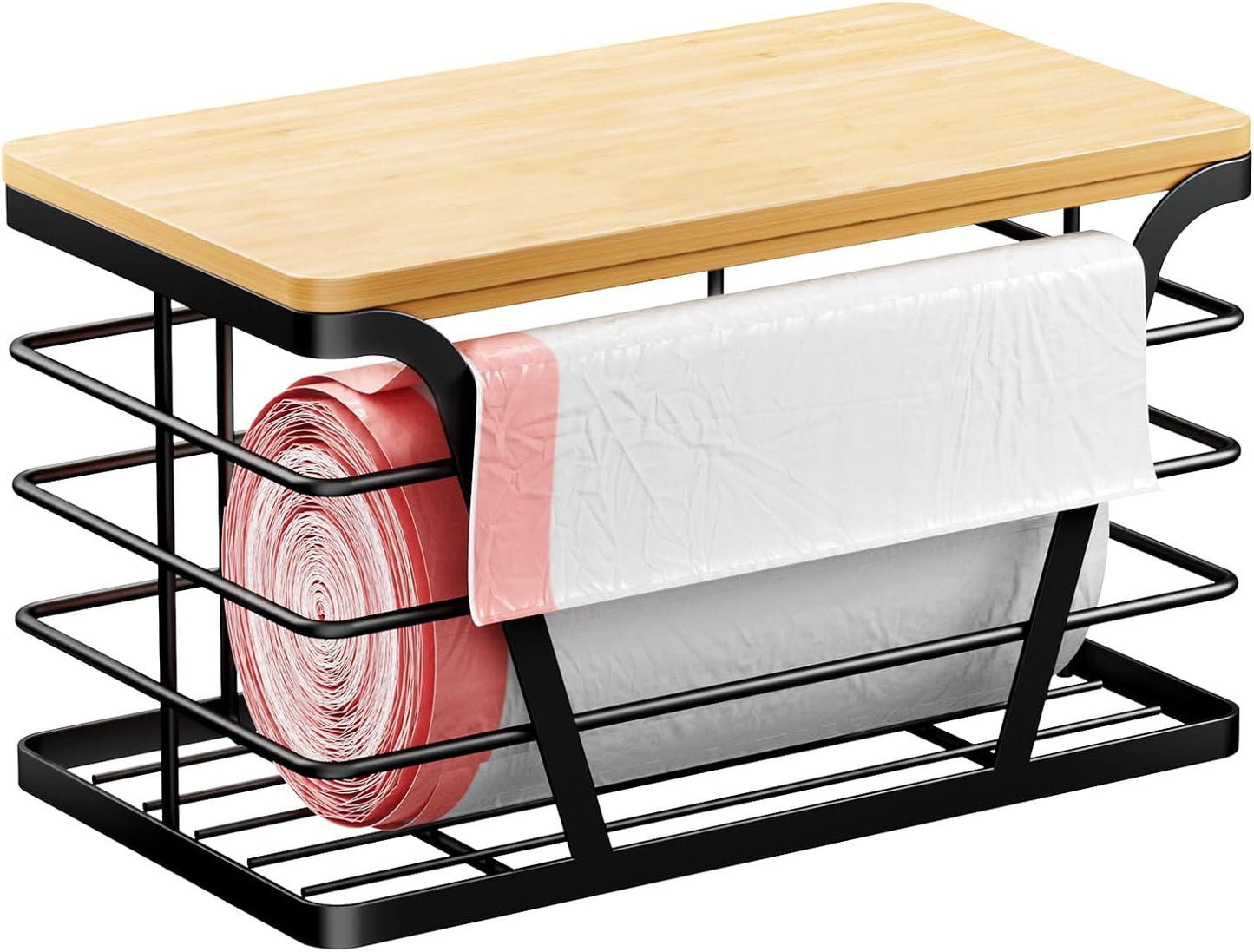 TIDIIABODE 2 Pack Stackable Storage Laundry Kitchen Organizers, Wall Mount Trash Bag Holder with Bamboo Top and Garbage Bag Dispenser No Drill