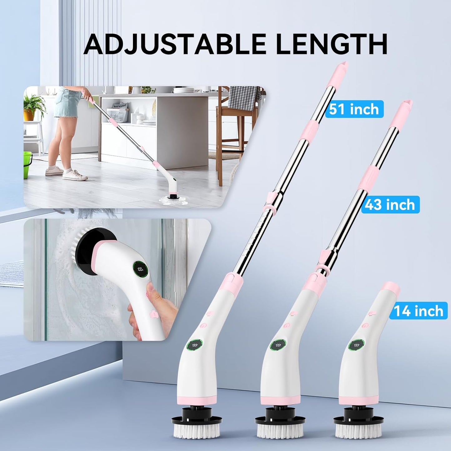 Electric Bathroom Cleaning Brush, Cordless Spin Scrubber Full Body Waterproof IPX7 with Adjustable Handle, 8 Replaceable Brush Heads for Bathtub/Kitchen/Window/Home -SD-CTB01