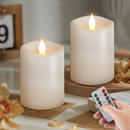 3x3 Flameless Candles with Remote Set of 2, 3 inch Battery Candles Flickering with Timer, LED Pillar Candle for Indoor/Outdoor, White