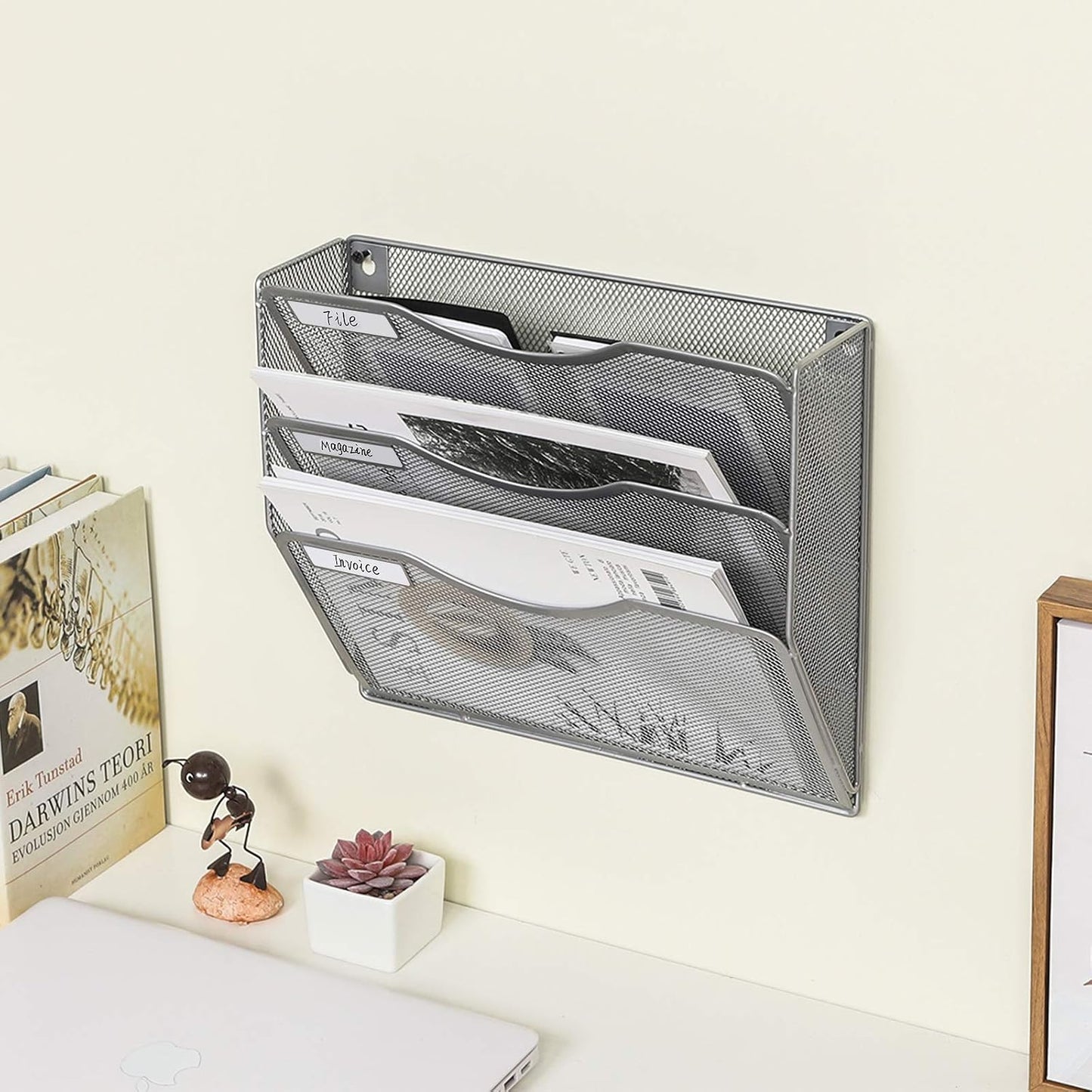 EasyPAG 5 Pocket Mesh Wall File Organizer with Key Hooks, Hanging Paper Folder Holder with Classify Label, Vertical Wall Mount Mail Organizer for Office Home Classroom, Black
