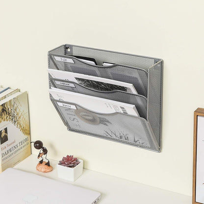 EasyPAG 5 Pocket Mesh Wall File Organizer with Key Hooks, Hanging Paper Folder Holder with Classify Label, Vertical Wall Mount Mail Organizer for Office Home Classroom, Black