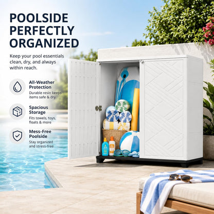 ADDOK Outdoor Storage Cabinet,60 Gallon Waterproof Resin Patio Storage Cabinet with 1 Adjustable Metal Shelf, Upright Outdoor Cabinet for Garden Tools, Pool Supplies, Toys, Porch and Garage