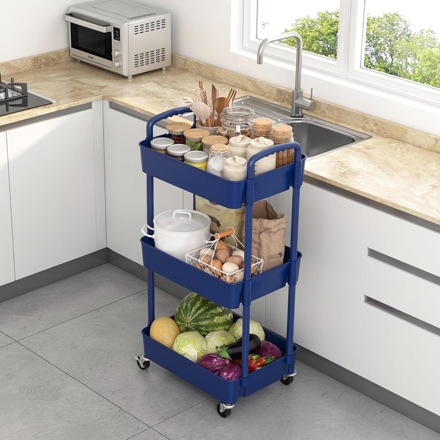Sywhitta 4-Tier Plastic Rolling Utility Cart with Handle, Multi-Functional Storage Trolley for Office, Living Room, Kitchen, Movable Storage Organizer with Wheels, Black