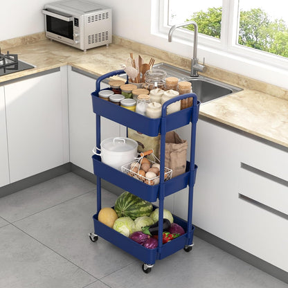 Sywhitta 4-Tier Plastic Rolling Utility Cart with Handle, Multi-Functional Storage Trolley for Office, Living Room, Kitchen, Movable Storage Organizer with Wheels, Black