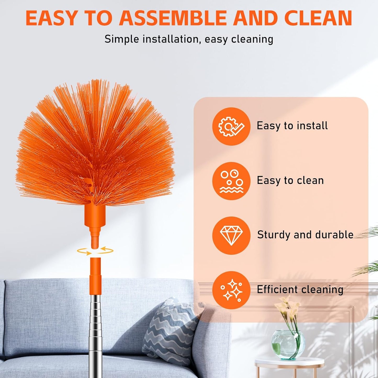 SetSail Cobweb Duster with Extension Pole, Retractable Dusters for Cobweb Cleaning 90-inch Long Handle Ceiling Fan Spider Web Brush for Outdoor Indoor High Ceilings