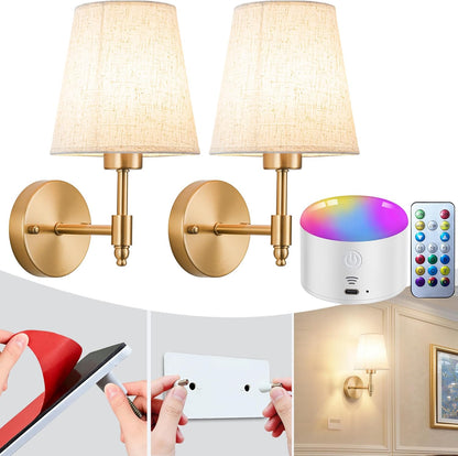 Wall Sconce Battery Operated Wall Light Fixure with Remote Control, Dimmable Battery Operated Wall Sconces Set Of Two, Indoor Wireless Wall Mounted Lamp with Rechargable Bulb For Bedroom Living Room (