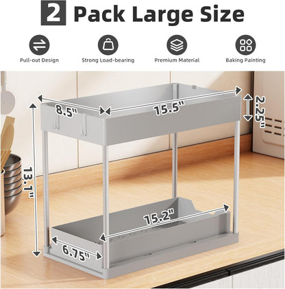 Simple Trending Under Sink Organizer 2 Pack, Sink Pull-Out Sliding Storage Cabinet, 2-Tier Under Shelf Organizer for Kitchen Bathroom, Black