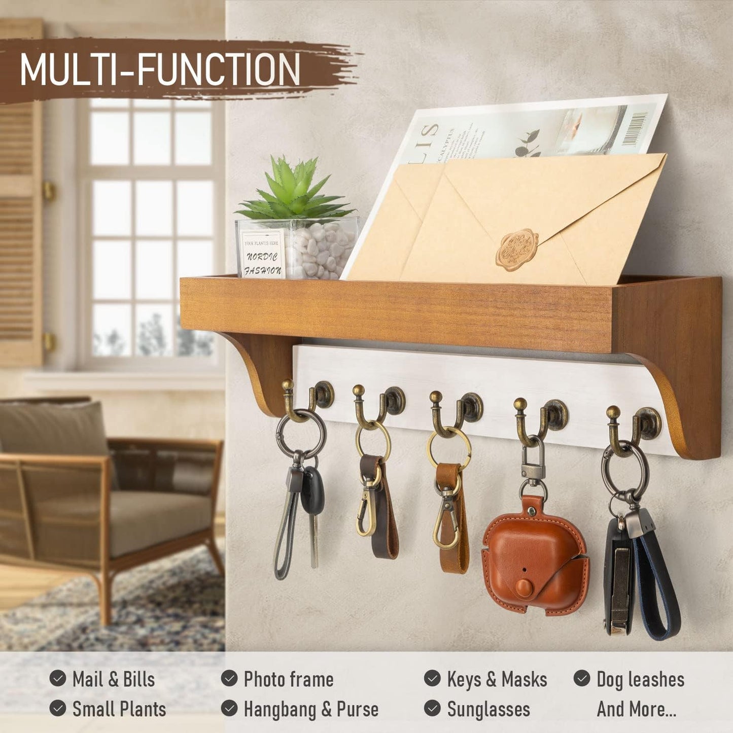 Rebee Vision Farmhouse Key Holder for Wall - Decorative Wooden Mail Organizer with 5 Rustic Key Hooks and Floating Shelf for Home Decor, Hallway, Entryway, Appartment (Retro Brown)