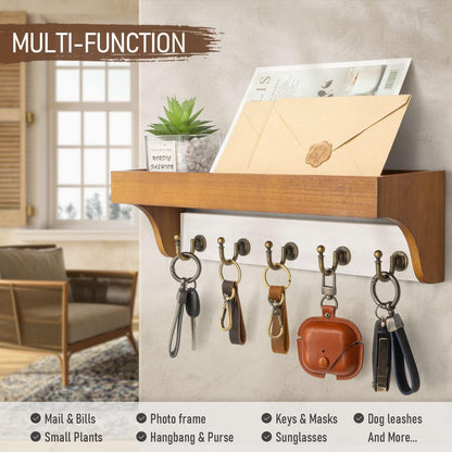 Rebee Vision Farmhouse Key Holder for Wall - Decorative Wooden Mail Organizer with 5 Rustic Key Hooks and Floating Shelf for Home Decor, Hallway, Entryway, Appartment (Retro Brown)