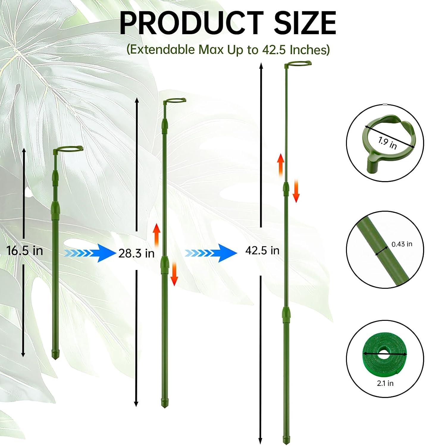 Yhtpouqe 3 Pack Extendable Plant Stakes, 16.5-42.5 Inch Plant Stakes for Indoor Outdoor, Adjustable Monstera Plant Support Sticks with Clips for Clombing Plants, Vine, Orchid, Tomato, Vegetables