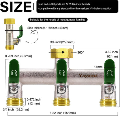 Garden Hose Splitter, 3/4” Rust and Freeze Resistant Outdoor Hose Manifold with 2 green Extra Long Handles Faucet Adapter-Heavy Duty Brass Nickel Plated 2-Way Valve