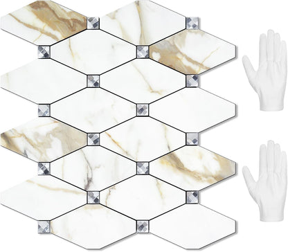STICKGOO 10 Sheets Peel and Stick Backsplash, Polished Dolomite PVC Mixed Metal Gold Kitchen Backsplash, Stick on Backsplash Wall Tiles for Kitchen, Bathroom, RV