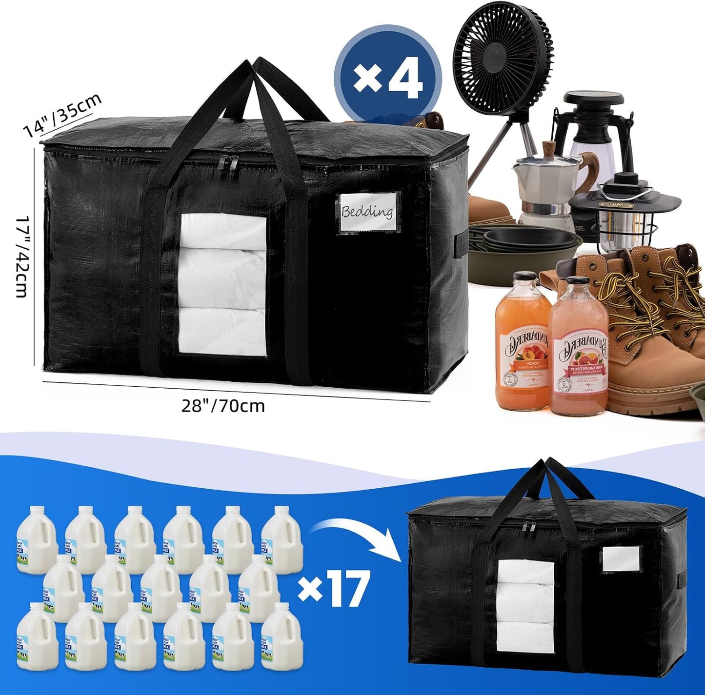 TAILI Extra Large Moving Bags, 4 Pack Blue Heavy Duty Totes For Storage with Visible Window, Wrap Around Handles, Storage Bags for Space Saving, Alternative to Moving Boxes